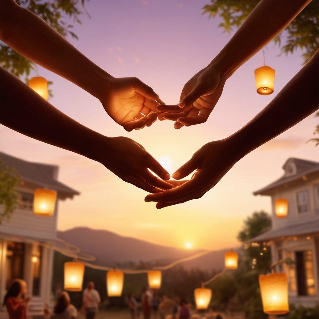 A warm and inviting community gathering, with diverse individuals sharing stories and support in a serene outdoor setting. Symbolic elements like lanterns and hands forming a circle represent unity and hope. The backdrop includes a soft sunset, casting a golden glow over the scene, evoking feelings of comfort and strength. super-realistic. vibrant colors. soft-focus background.