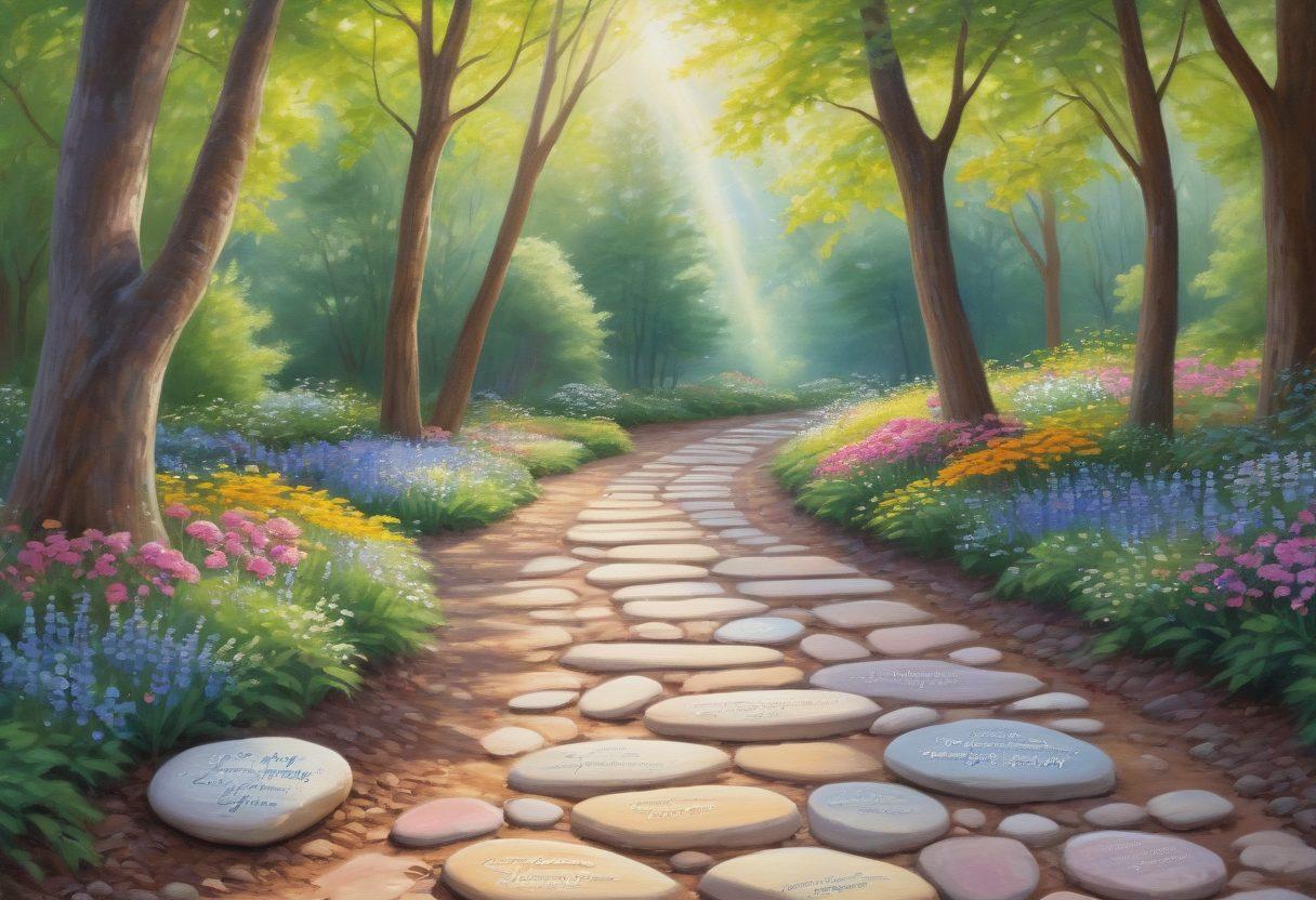 A serene landscape showing a pathway symbolizing the journey of cancer care, lined with empowering quotes on beautifully designed stones. Include individuals from diverse backgrounds walking together, representing support and unity in survivorship. Soft sunlight filtering through lush trees, creating a hopeful atmosphere. Illustrate elements of health and wellness, like a gentle breeze and blooming flowers. pastel colors. painting.