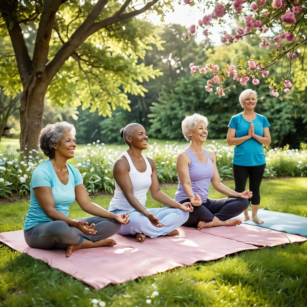 A serene landscape featuring a diverse group of cancer survivors, joyfully engaging in a wellness workshop outdoors, surrounded by vibrant blooming flowers and trees. The scene highlights laughter, sharing, and support, with a gentle sunrise in the background symbolizing hope and renewal. Incorporate elements of health, like yoga mats and healthy snacks, to emphasize wellness. soft pastel colors. nature-inspired. uplifting atmosphere.